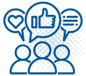 Blue icon with three people and speech bubbles showing a heart, thumbs up, and text lines, symbolizing communication and social interaction.