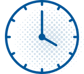 Blue clock with hour hand pointing at 2 and minute hand at 11, set against a blue dotted background.
